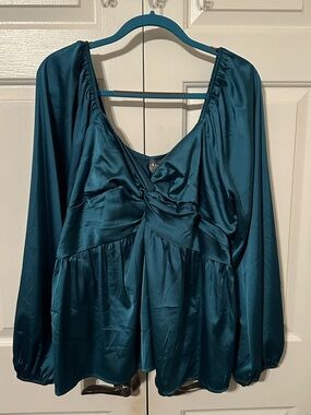 ARULA Teal Satin Twist-Front Peplum Blouse